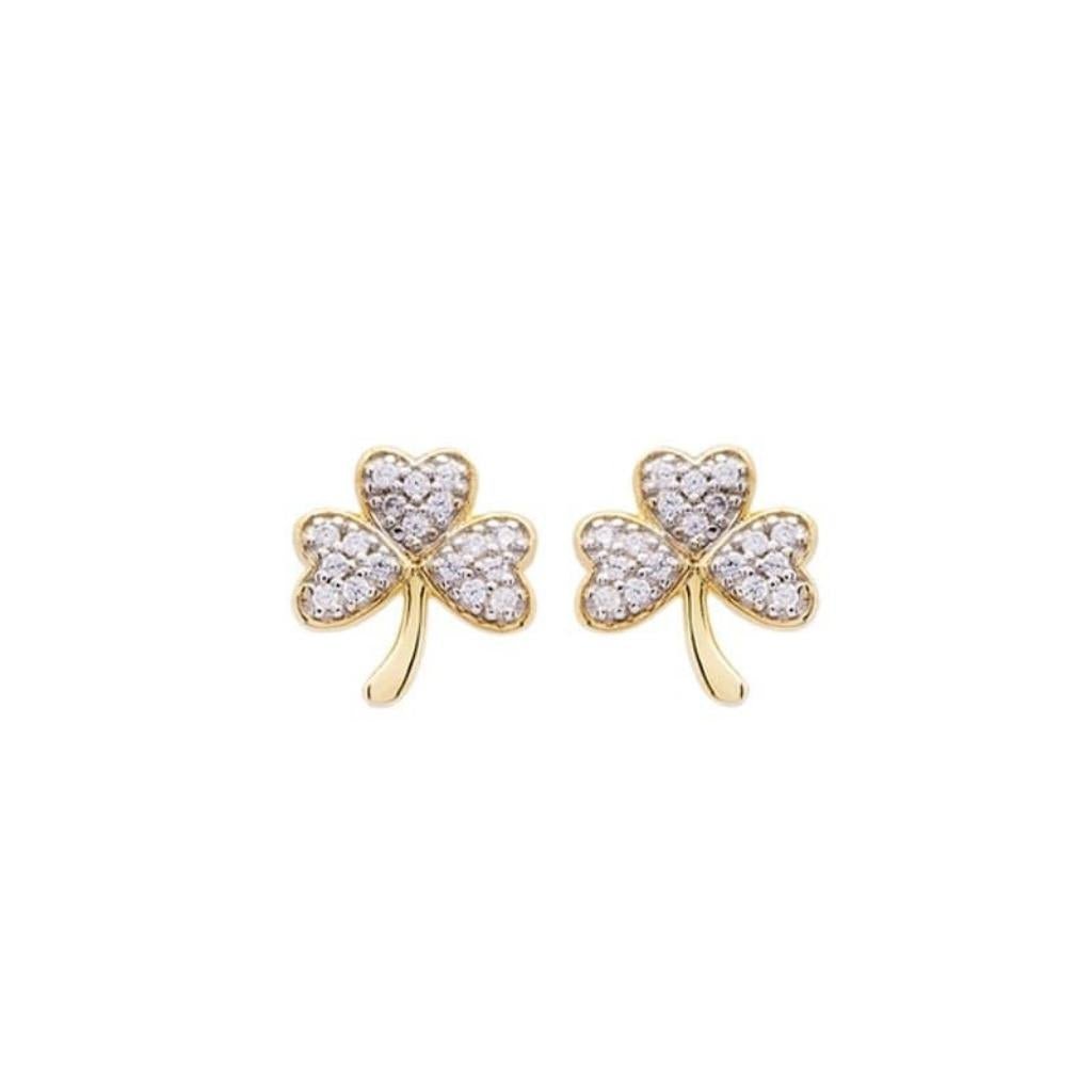 14K Gold Vermeil CZ Embellished Shamrock Stud Earrings