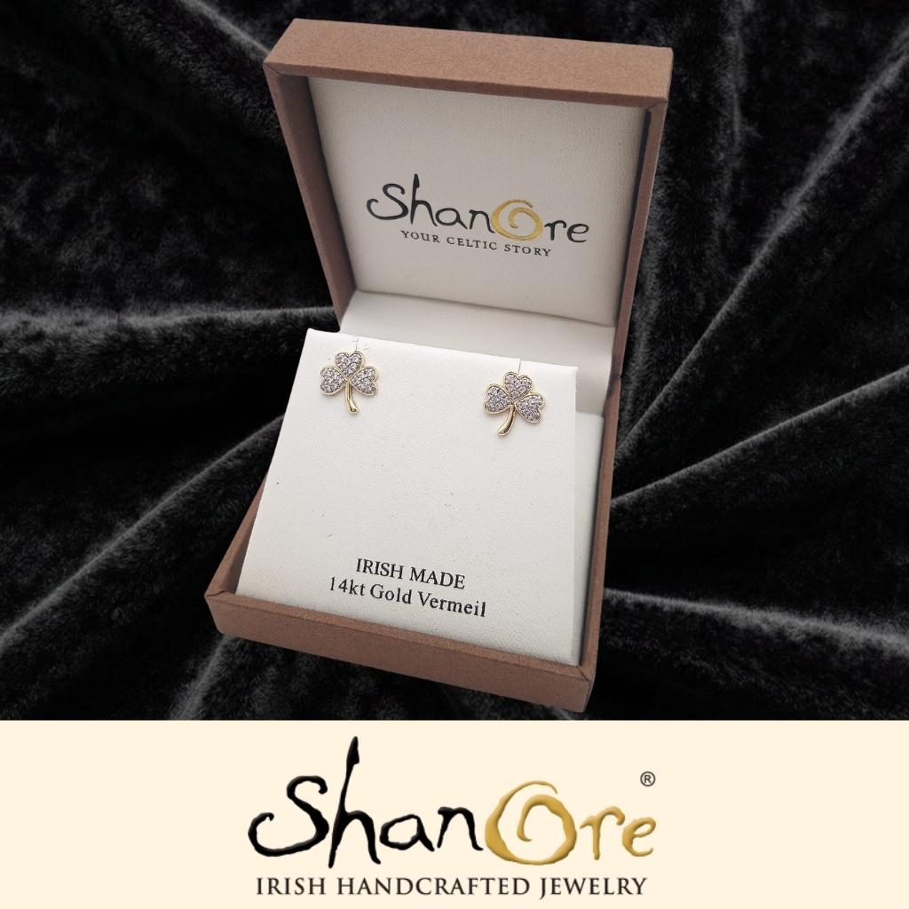 14K Gold Vermeil CZ Embellished Shamrock Stud Earrings