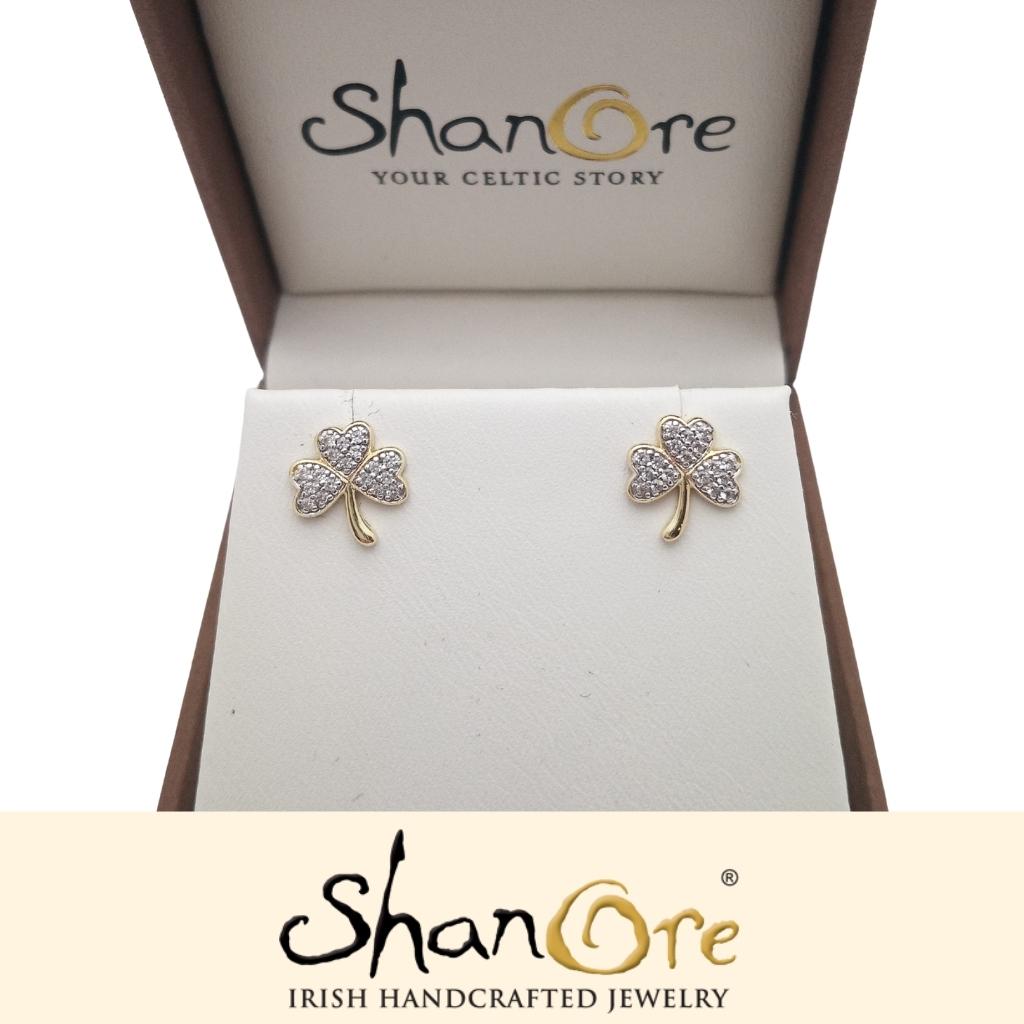14K Gold Vermeil CZ Embellished Shamrock Stud Earrings