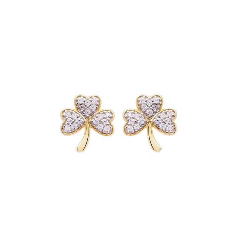 14K Gold Vermeil CZ Embellished Shamrock Stud Earrings - The Celtic Gift Store - Earrings
