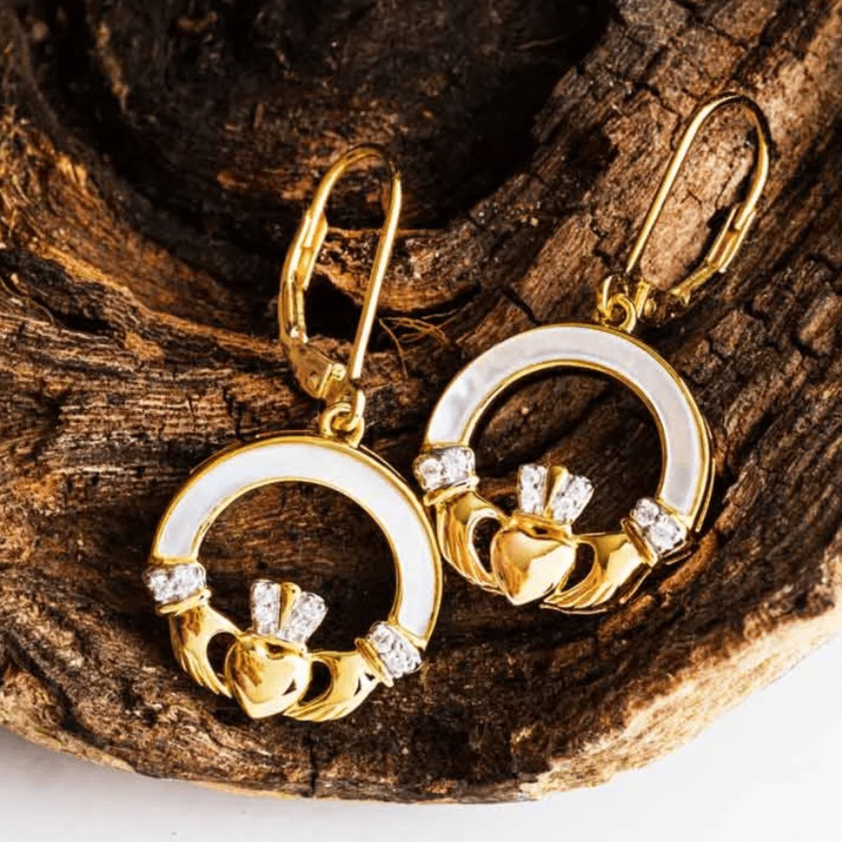 14K Gold Vermeil Mother of Pearl Claddagh Earrings