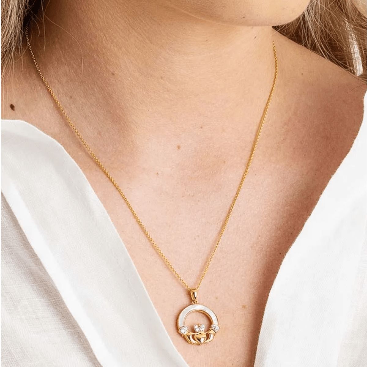 14K Gold Vermeil Mother of Pearl Claddagh Necklace