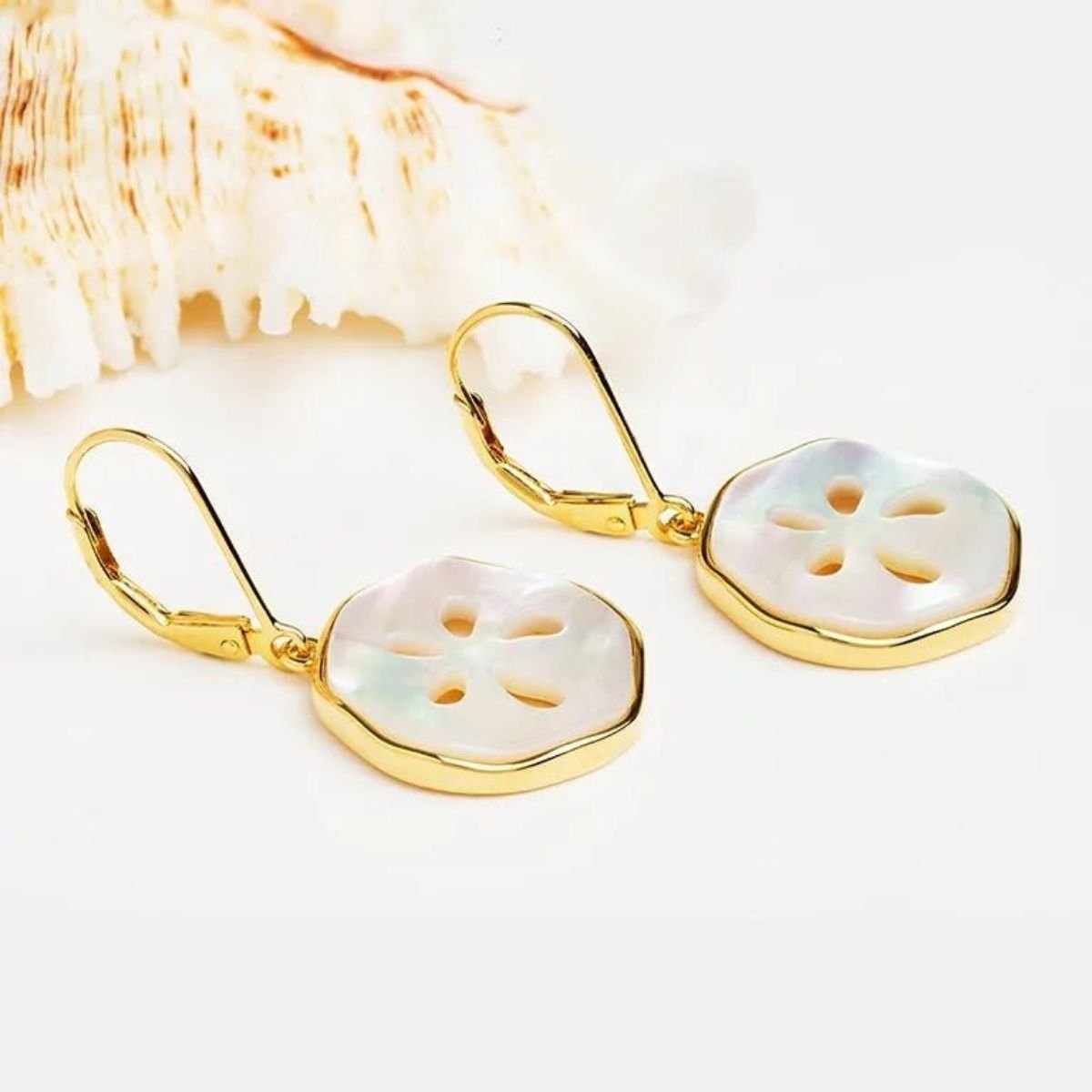14k Gold Vermeil Mother of Pearl Sand Dollar Drop Earrings