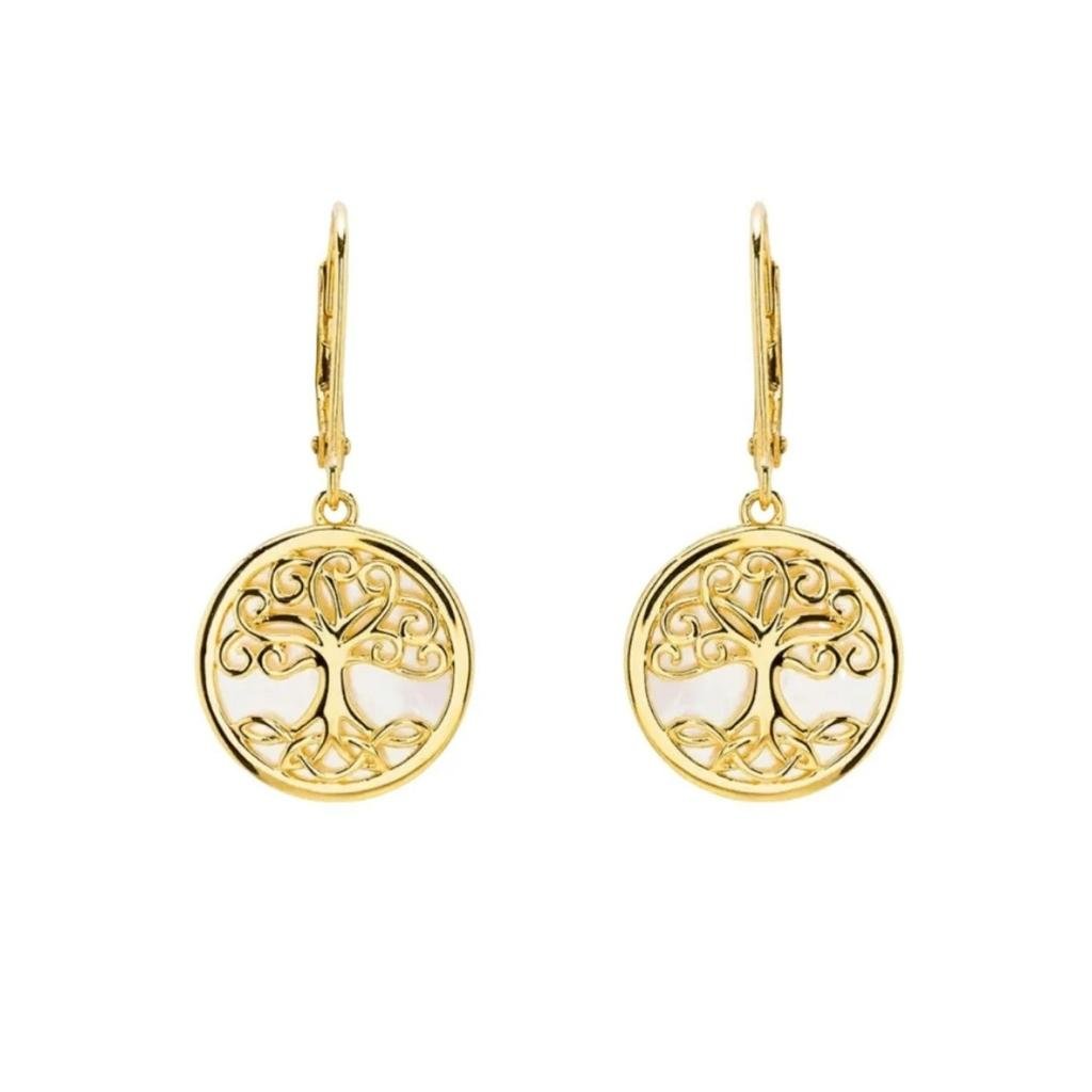 14K Gold Vermeil Mother of Pearl Tree of Life Earrings