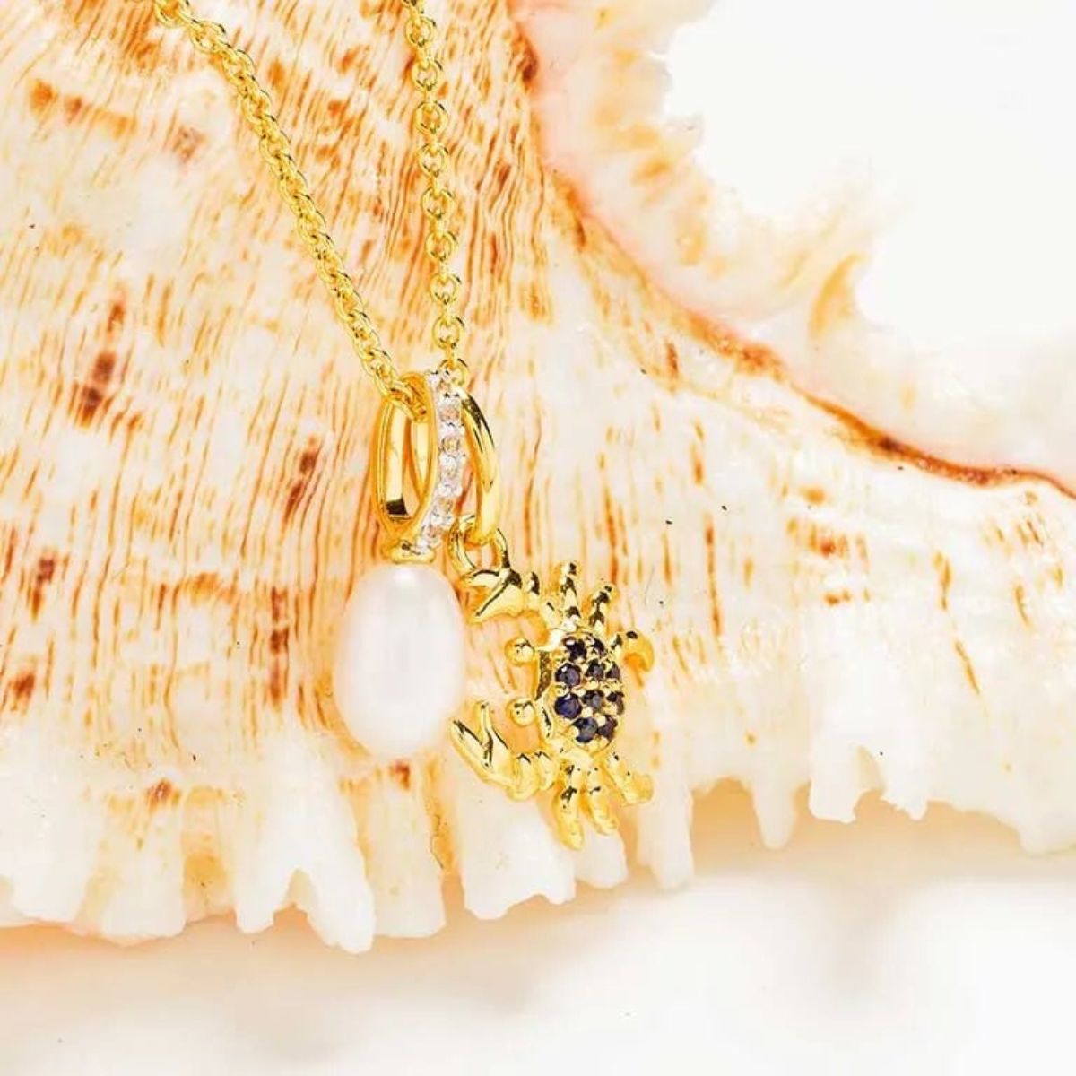 14k Gold Vermeil Sapphire and Pearl Crab Necklace