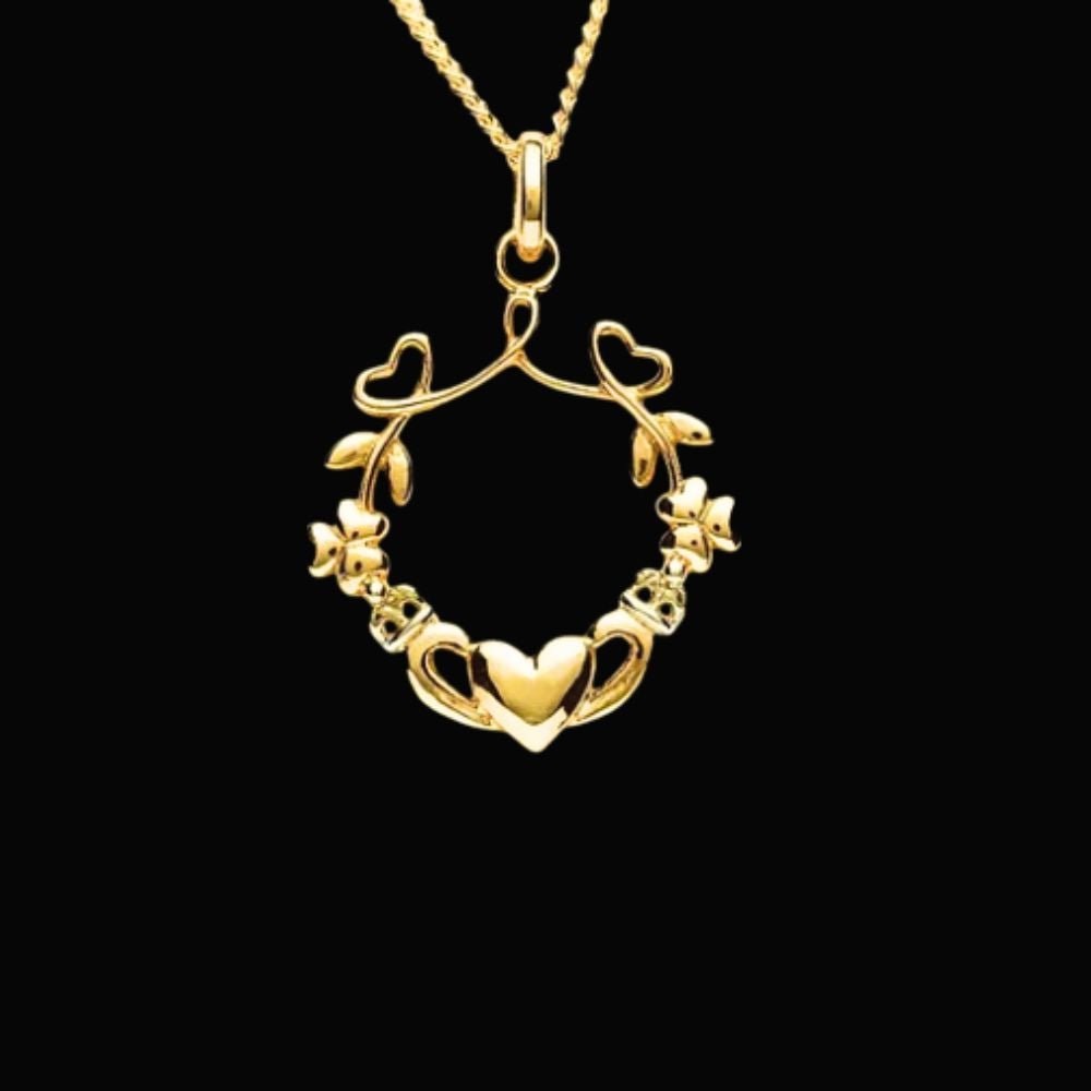 14k Gold Vermeil Shamrock Claddagh Necklace