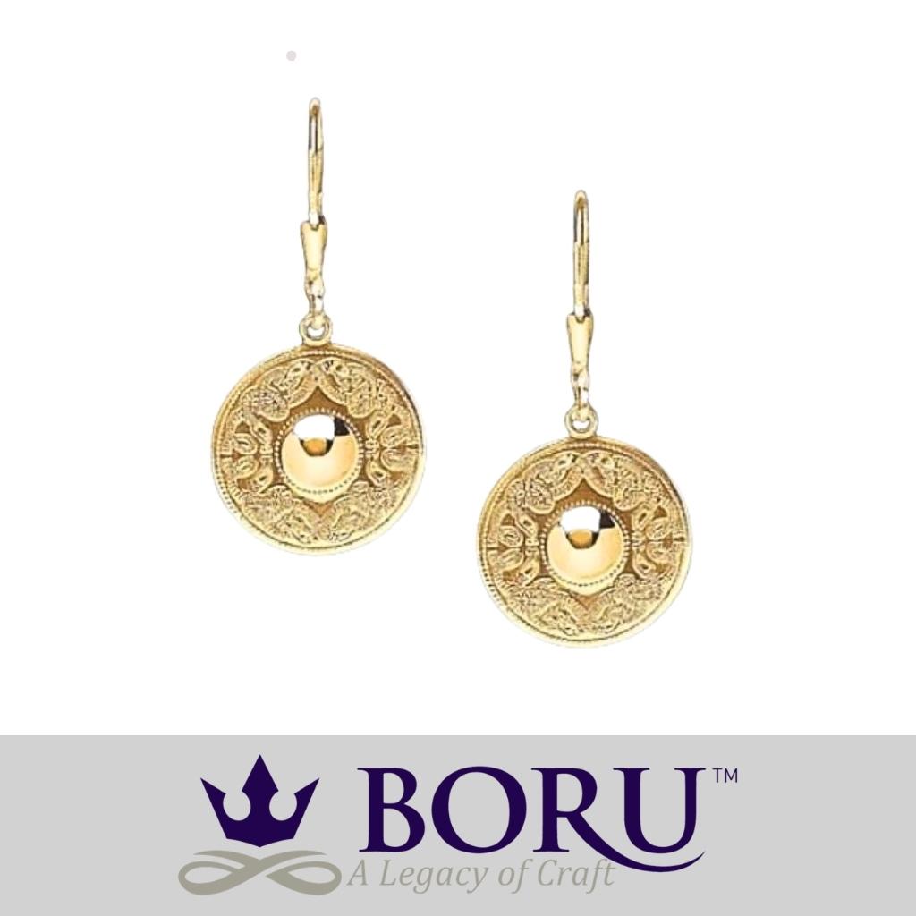 Gold earrings with intricate design on a white background, featuring the Boru brand logo.