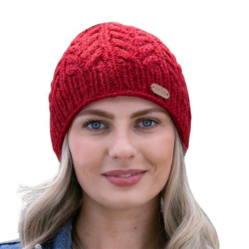 Aran Cable Pullon Hat- Red