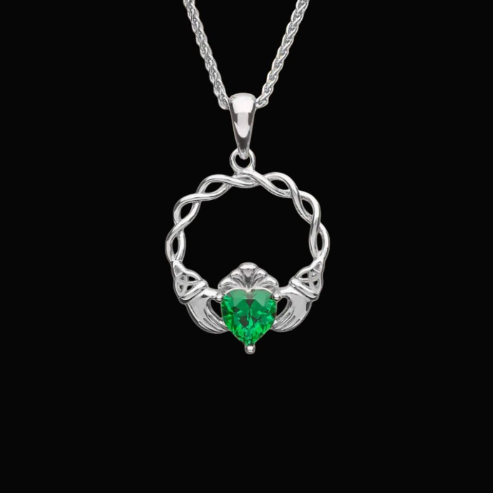 Sterling Silver Green CZ Claddagh Necklace