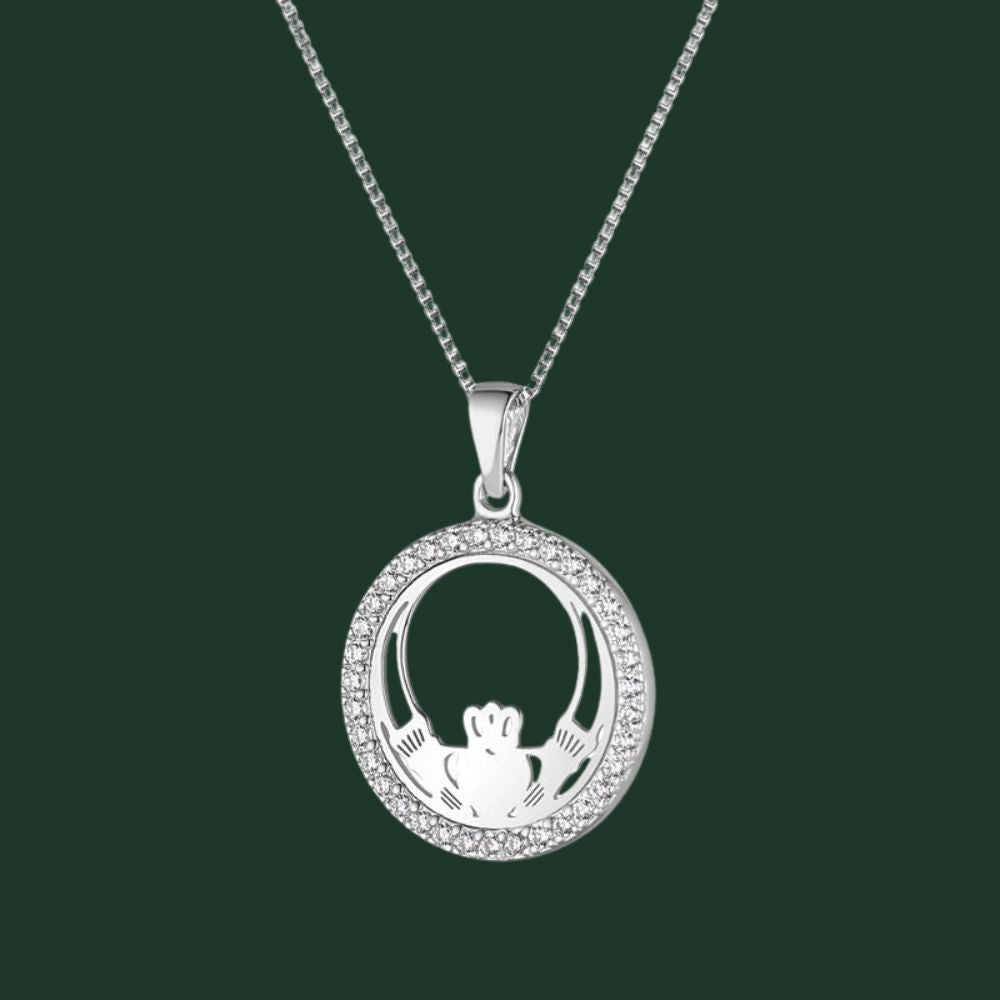 Sterling Silver And Cubic Zirconia Round Claddagh Necklace