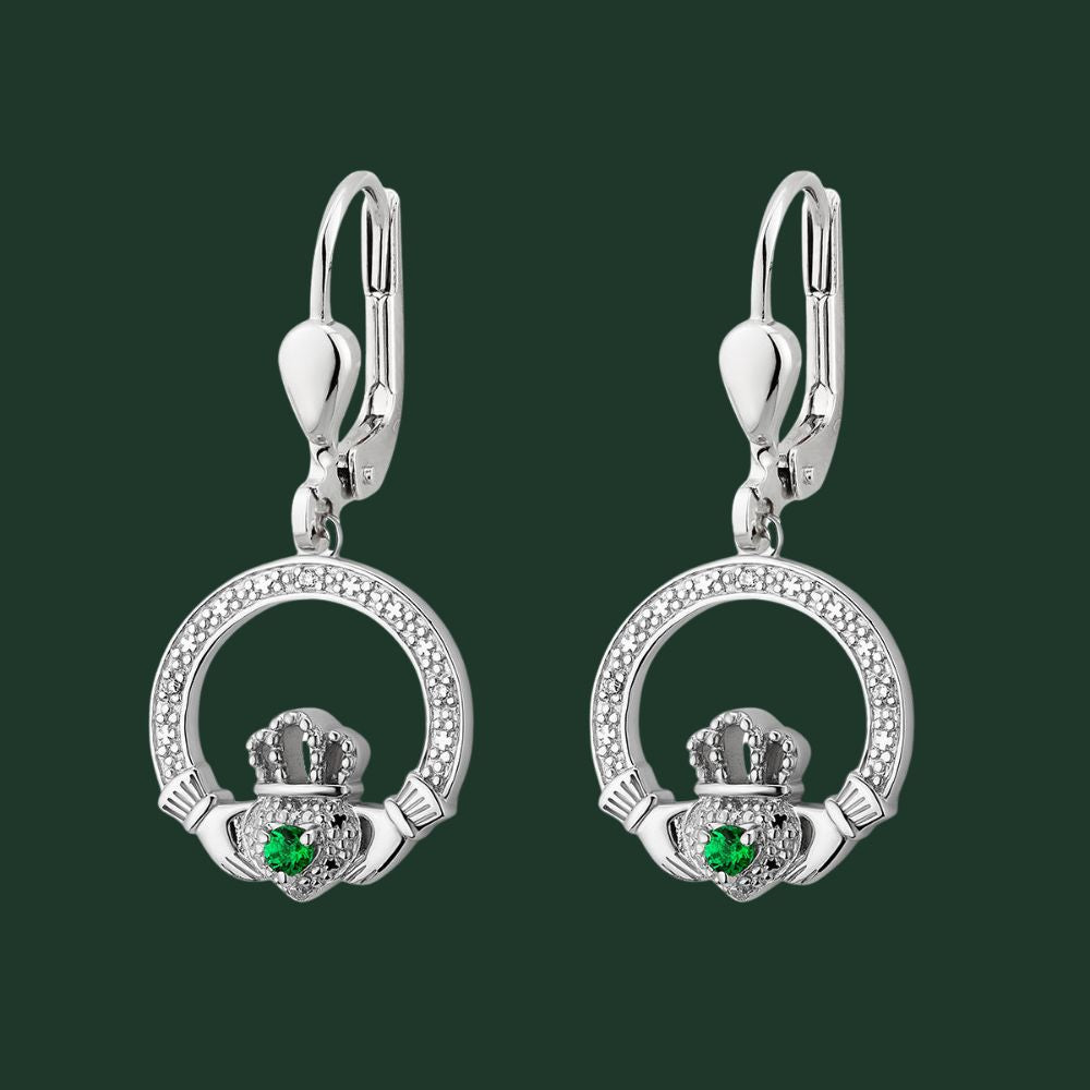Sterling Silver Crystal Illusion Claddagh Drop Earrings