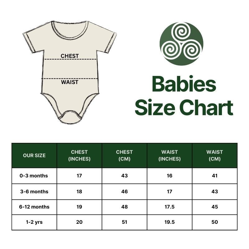 Baby onesie with measurement chart and size chart for babies on a white background