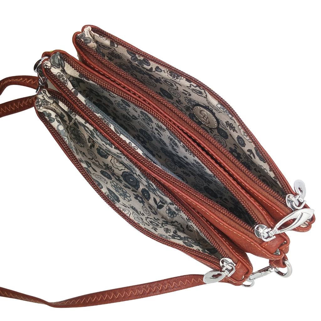 Three Zip Pocket Bag with Convertible Crossbody Strap - Camel