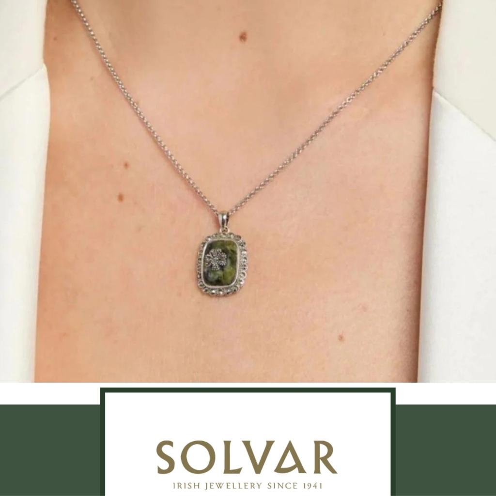Connemara Marble and Marcasite Square Shamrock Necklace