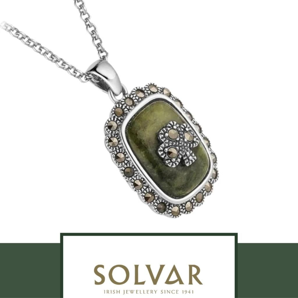 Connemara Marble and Marcasite Square Shamrock Necklace