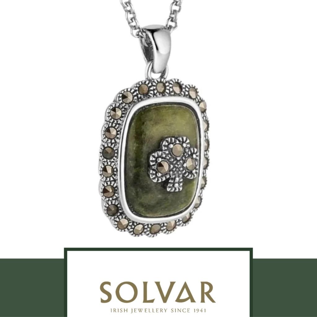 Connemara Marble and Marcasite Square Shamrock Necklace