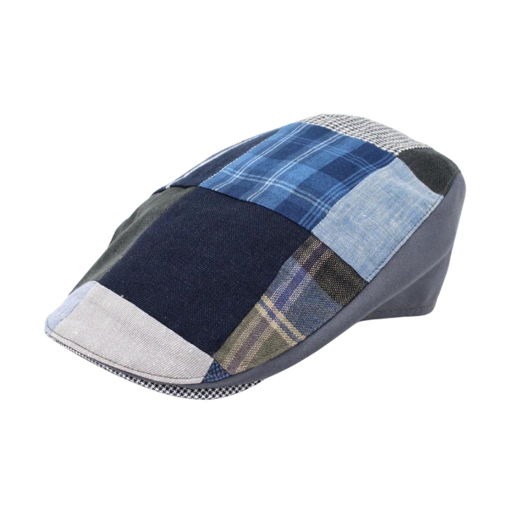 Hanna Hats Linen Donegal Touring Cap - Grey and Blue Patchwork