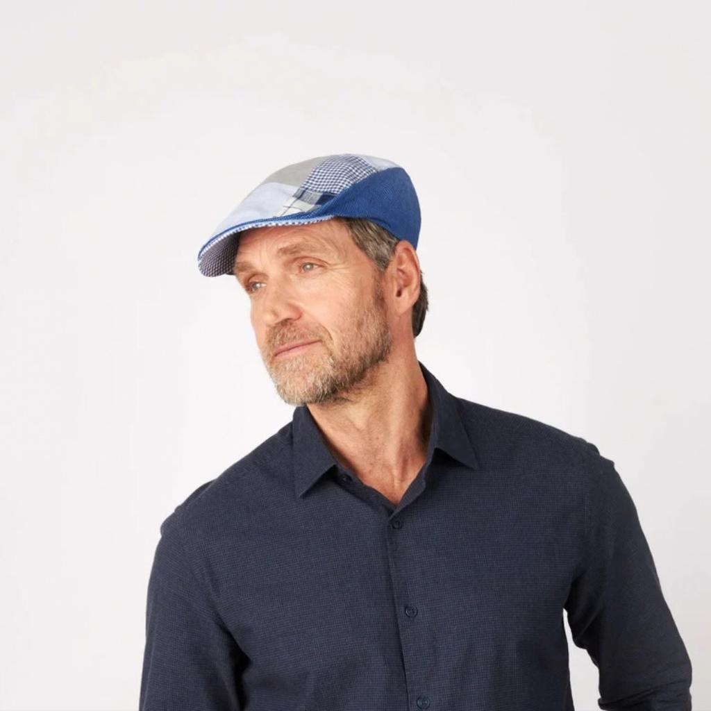 Hanna Hats Linen Donegal Touring Cap - Grey and Blue Patchwork