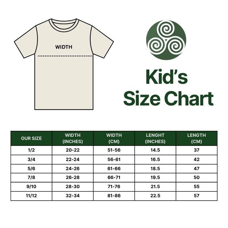 Size chart for kids' shirts with a t-shirt illustration and size dimensions.