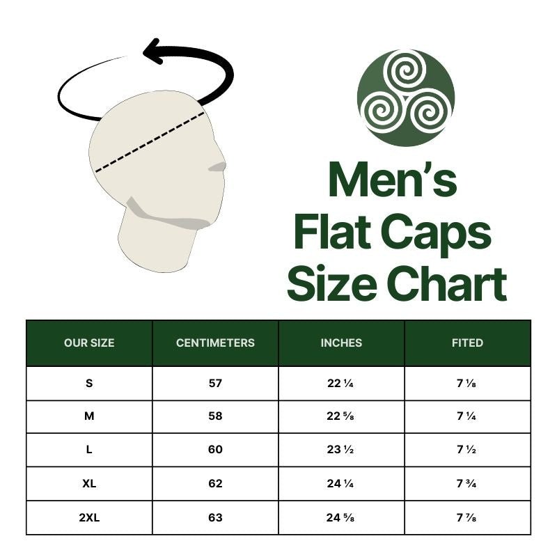Men's flat caps size chart with a head illustration and size measurements.