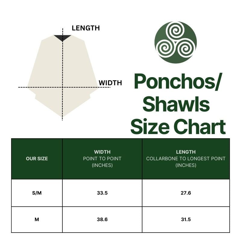 Ponchos/Shawls size chart with dimensions and a brand logo.