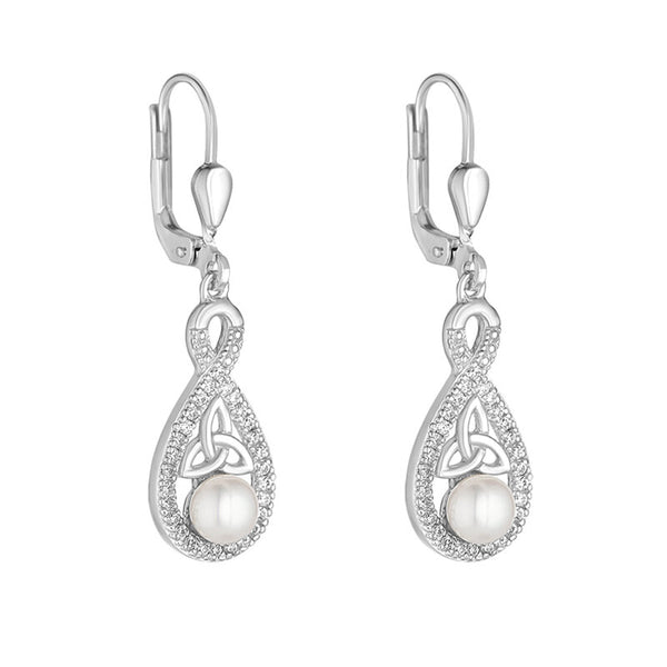 Sterling Silver Crystal & Pearl Twisted Trinity Knot Earrings