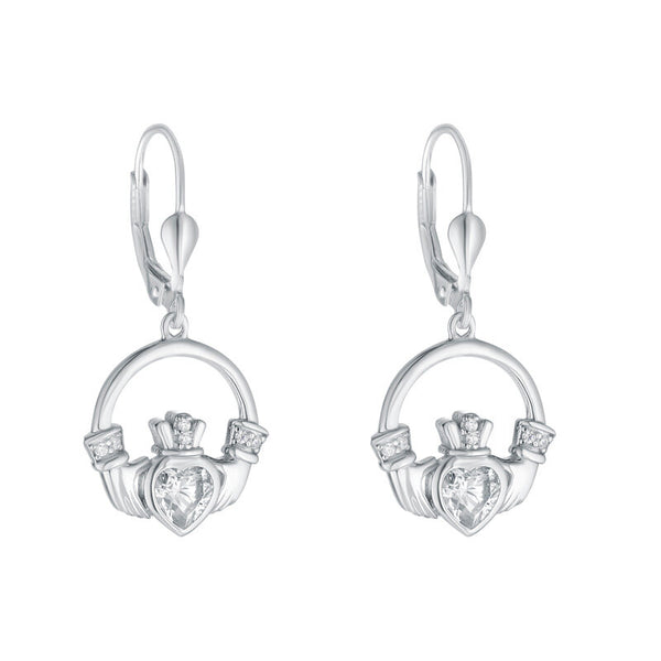 Sterling Silver Large CZ Heart Claddagh Earrings