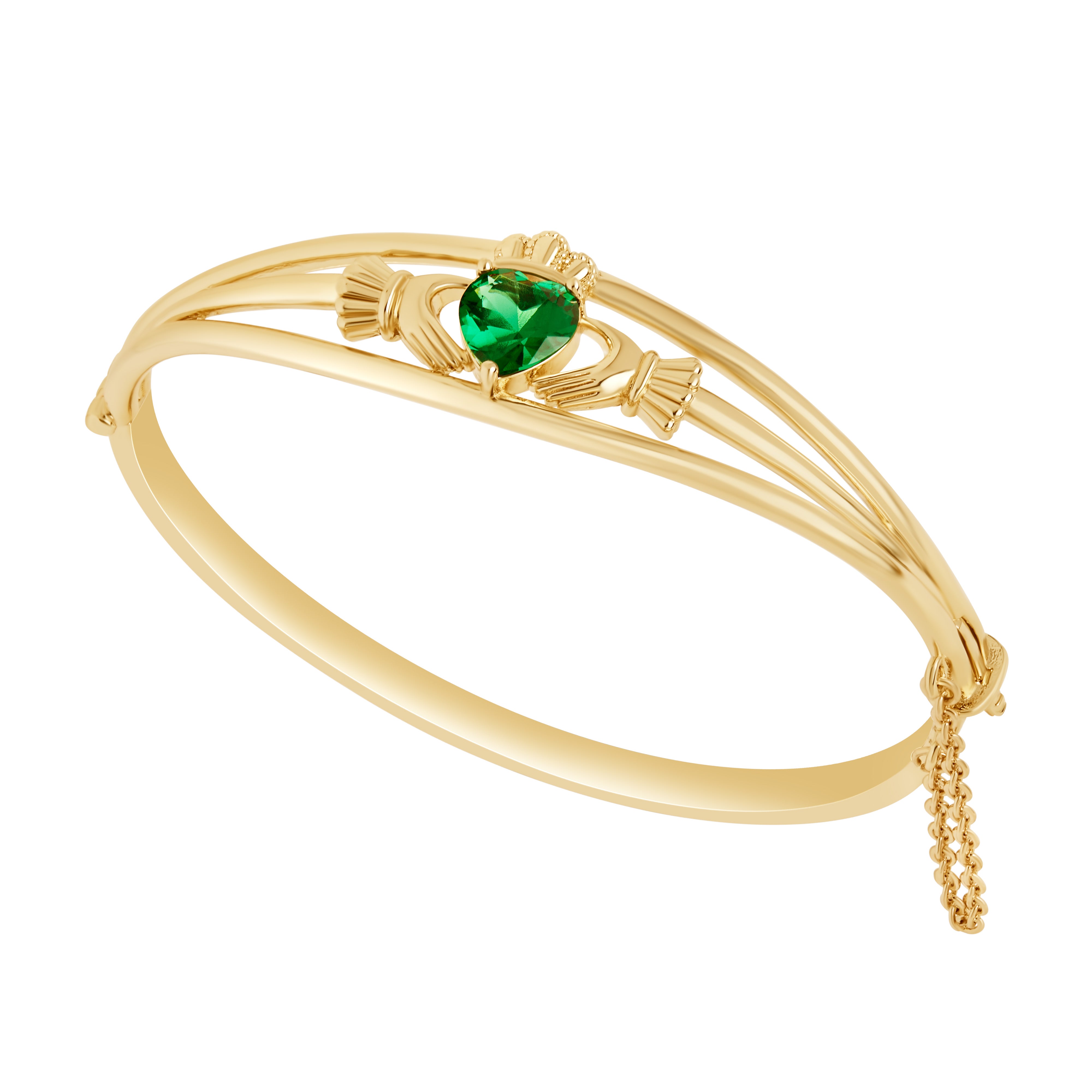 Gold Plated Claddagh Bangle with Green Stone