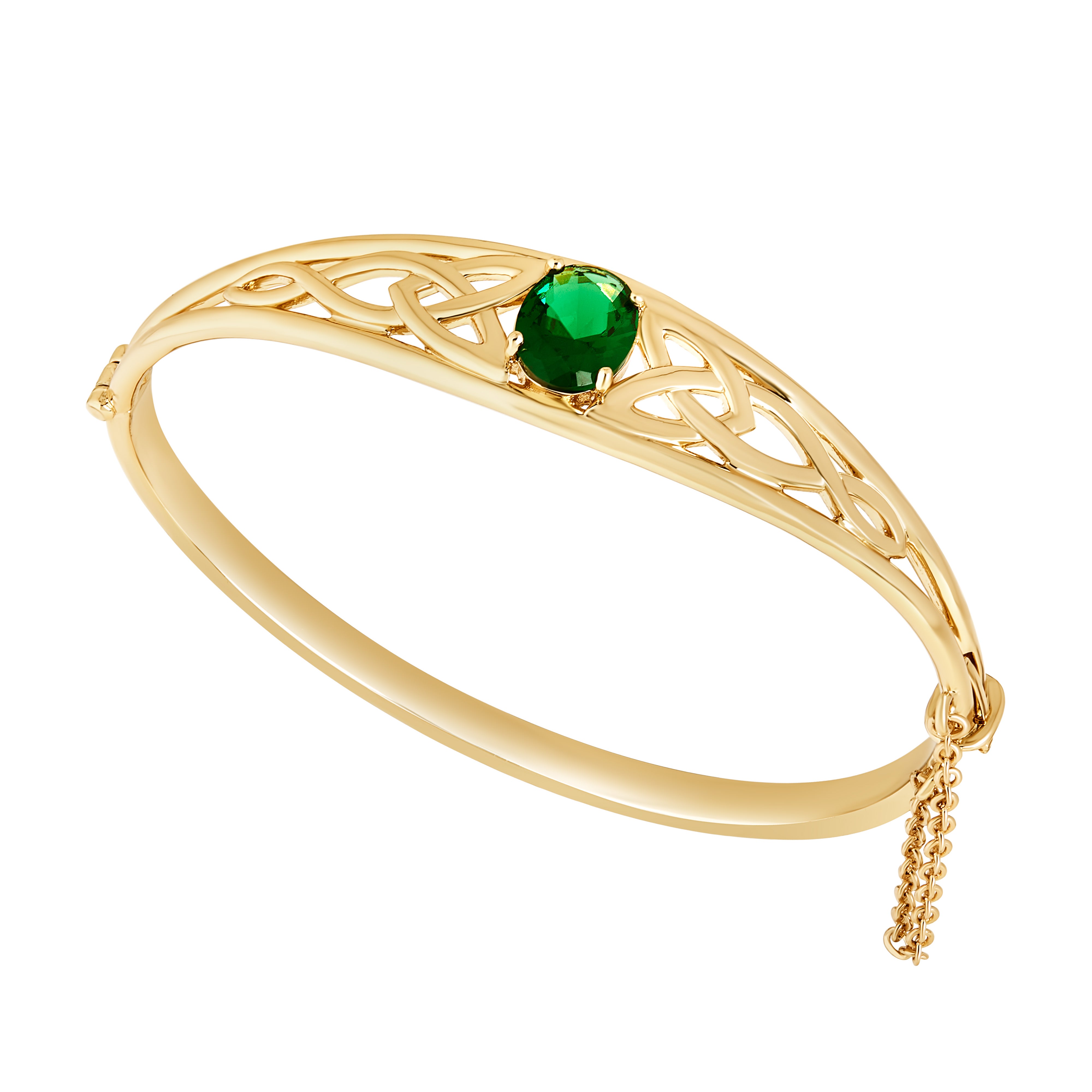 Gold Plated Celtic Knot Bangle with Green Stone