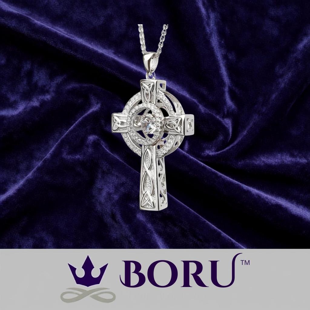 Sterling Silver Celtic Cross with Dancing Stone Centre