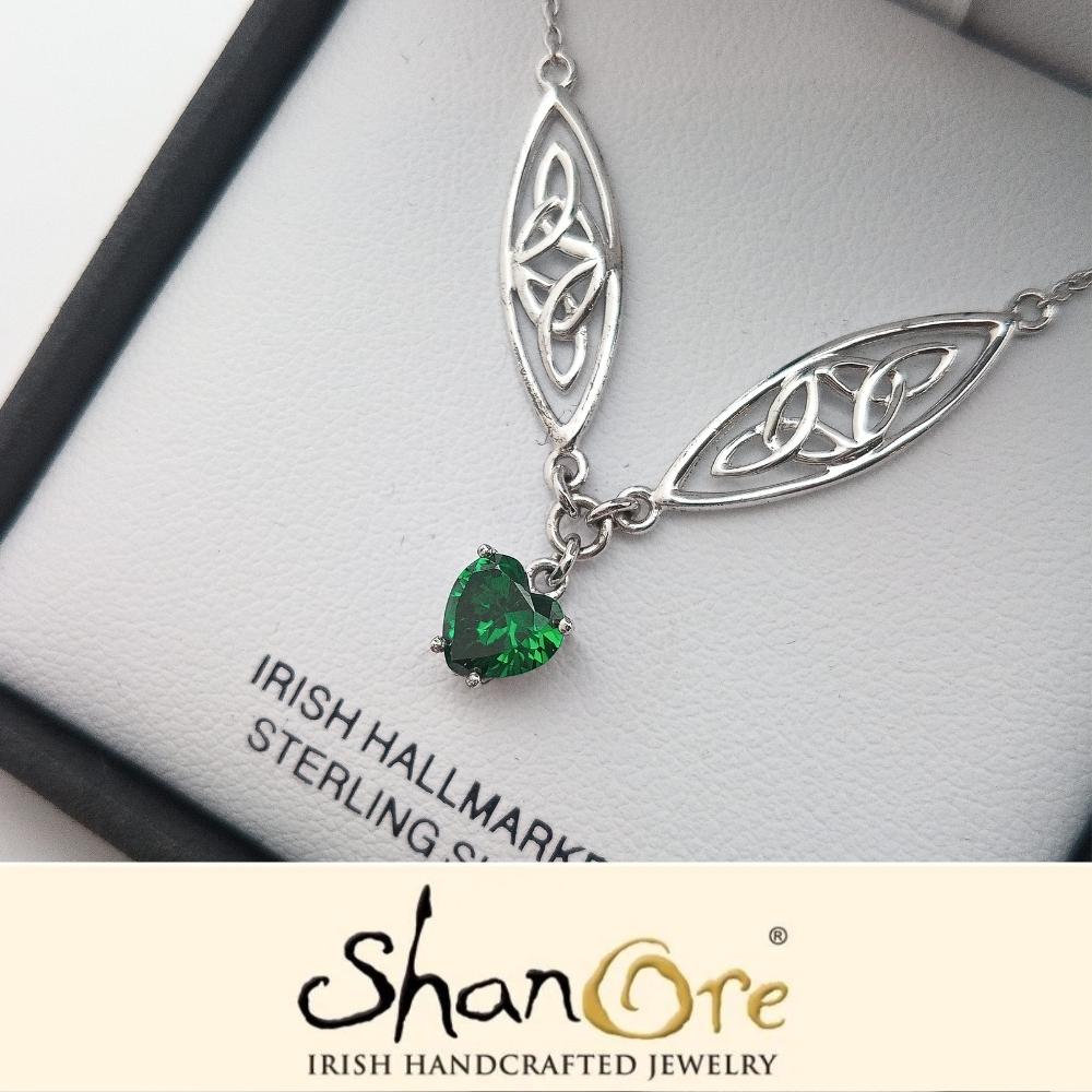 Sterling Silver Celtic Trinity Knot Green Heart Necklace