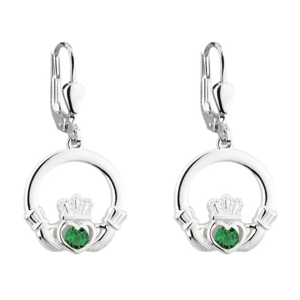 Sterling Silver Claddagh Drop Earrings with Green Stones