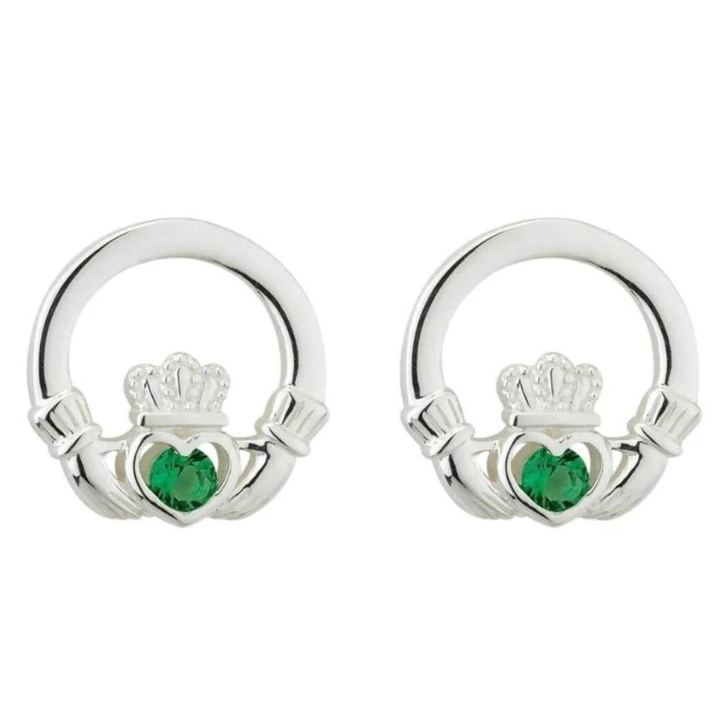 Sterling Silver Claddagh Stud Earrings with Green Crystals