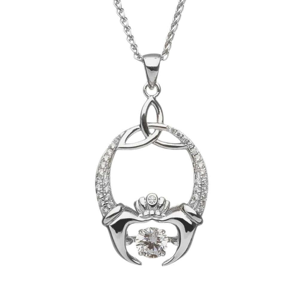 Sterling Silver Claddagh and Trinity Knot Dancing Stone Necklace