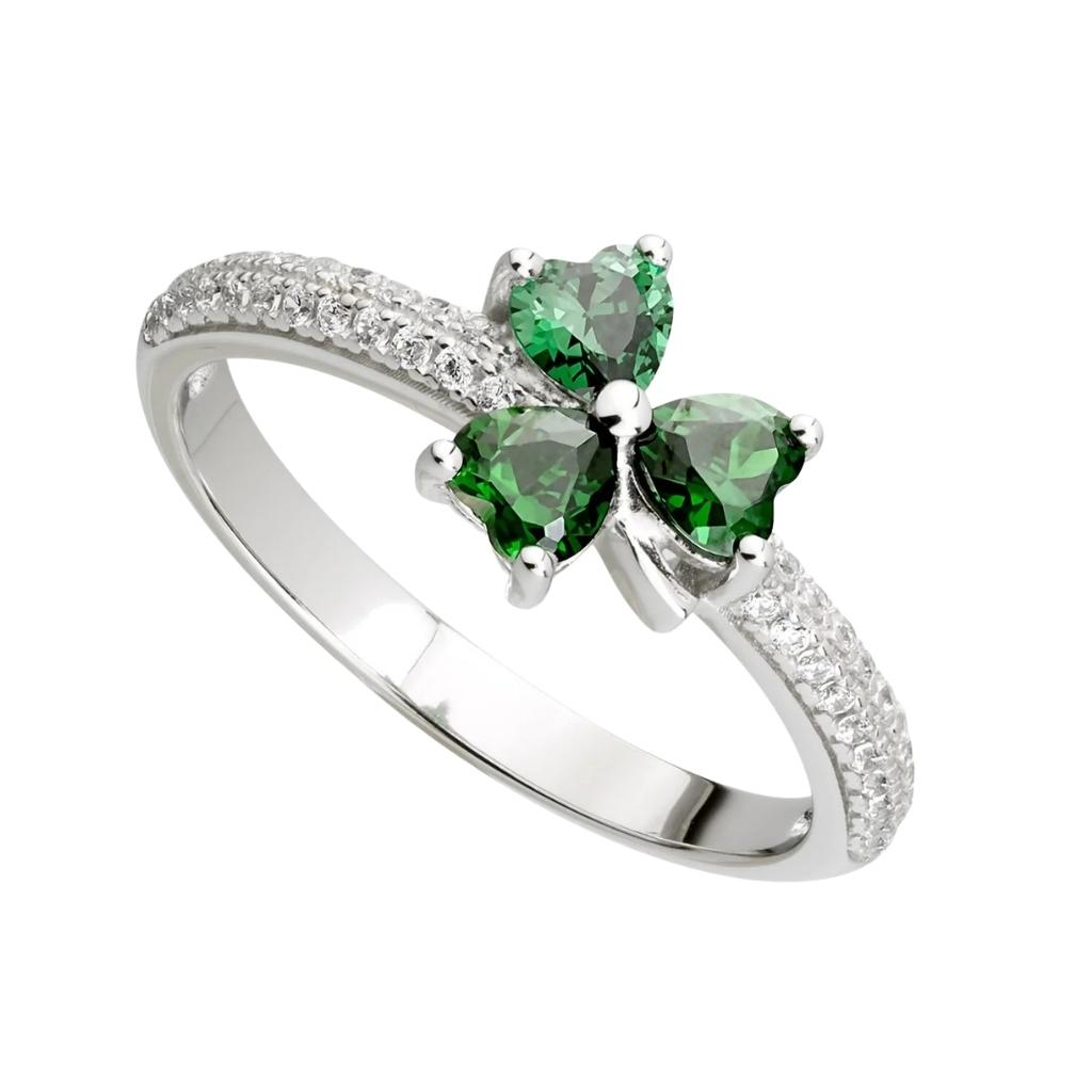 Sterling Silver Green Cubic Zirconia Shamrock Ring