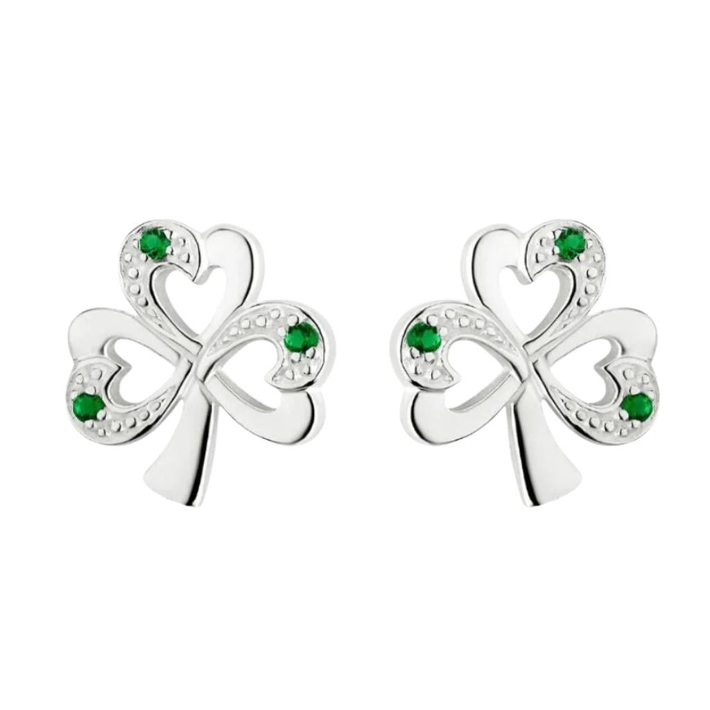 Sterling Silver Simulated Emerald Shamrock Stud Earrings
