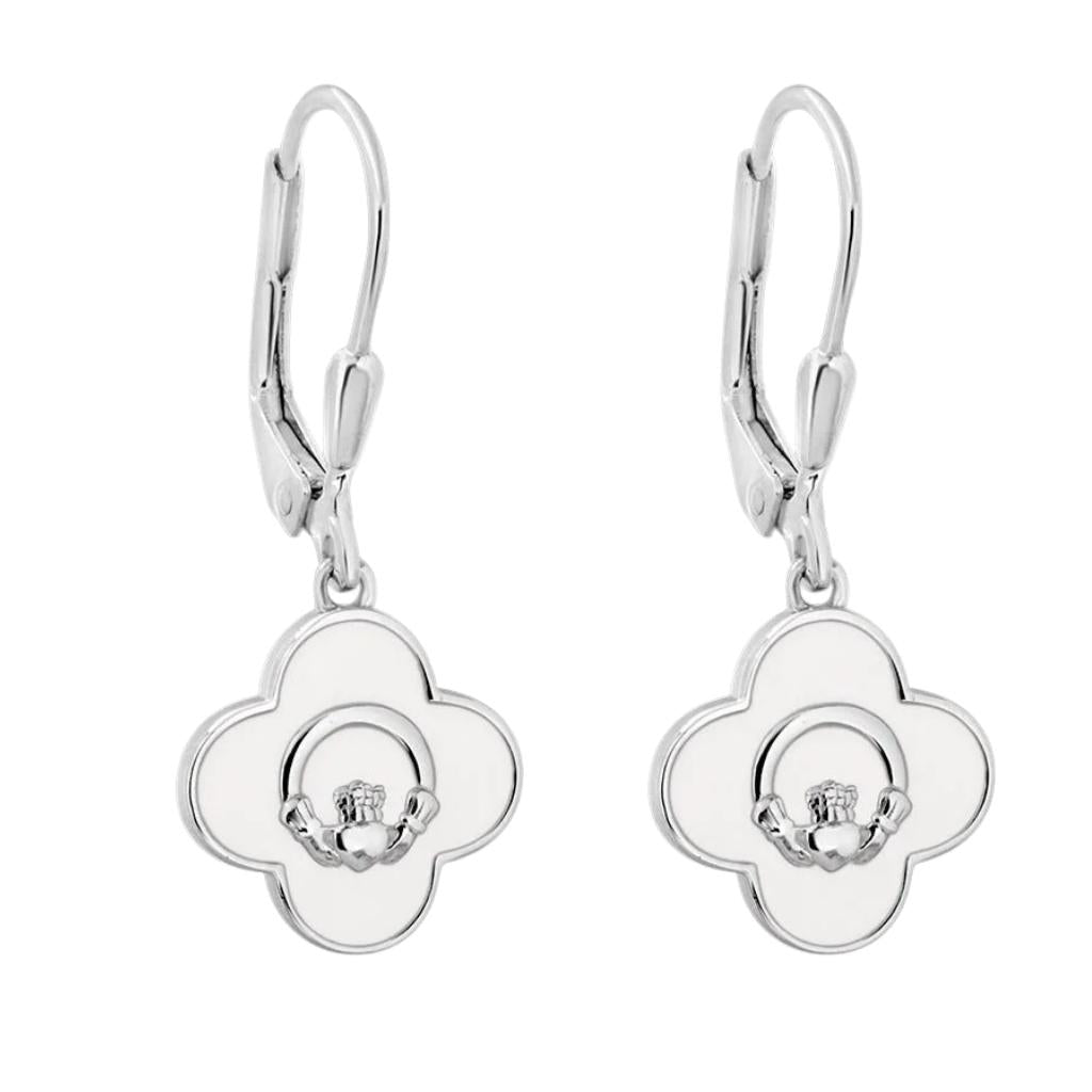 Sterling Silver White Enamel Claddagh Drop Earrings