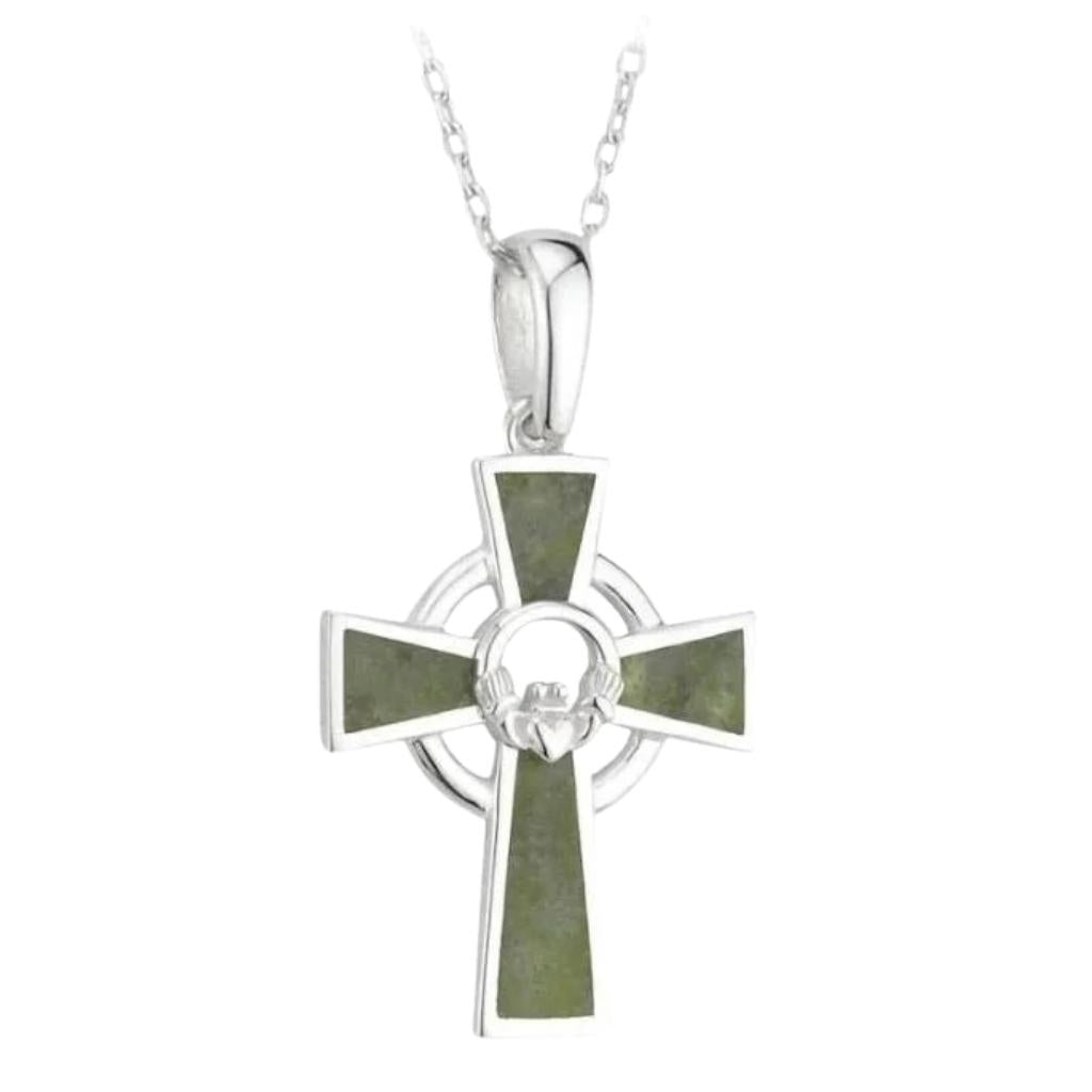 Sterling Silver and Connemara Marble Claddagh Celtic Cross
