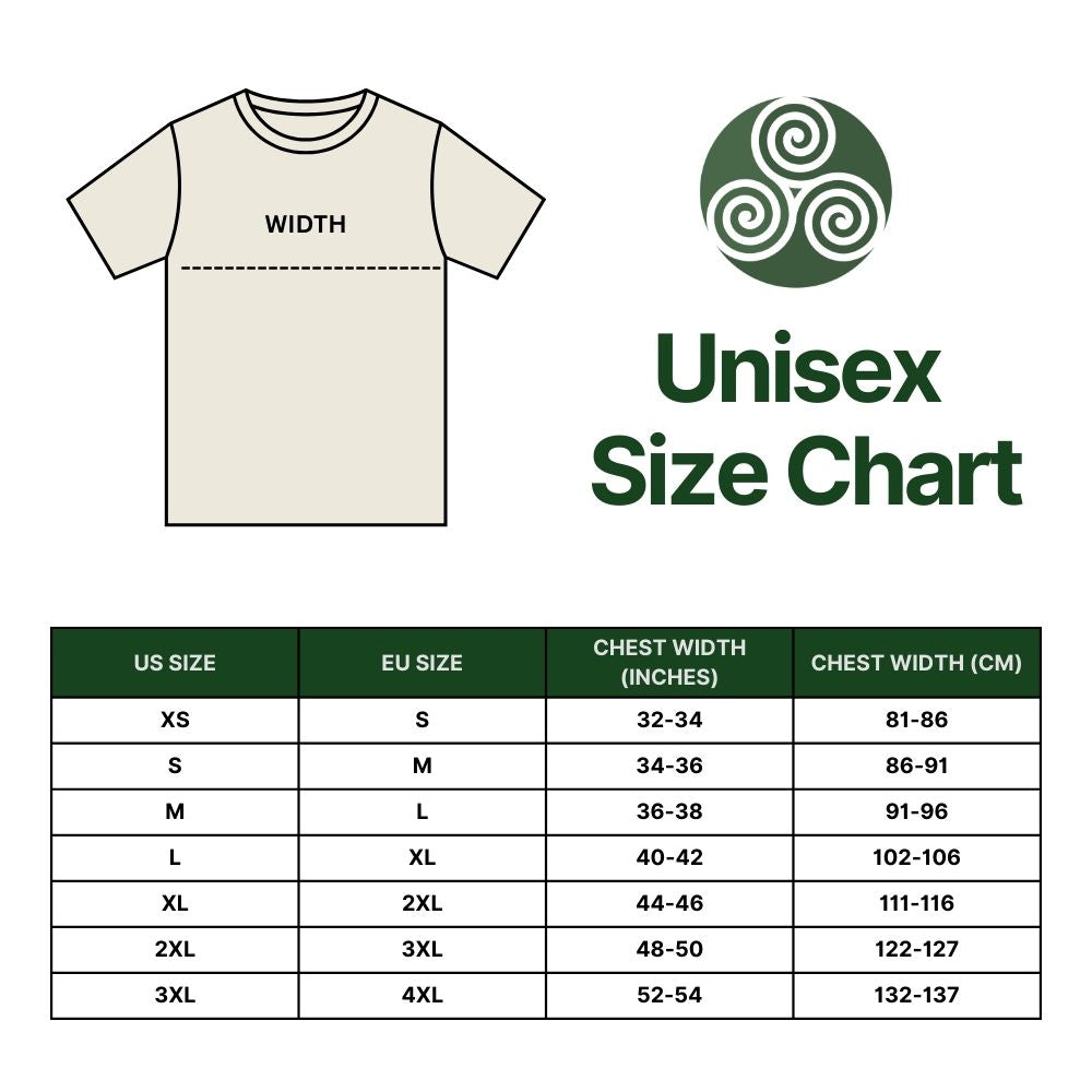 T-shirt size chart with measurements and a brand logo on a white background
