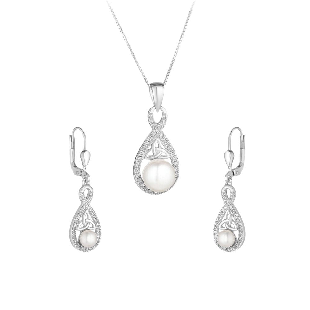 Sterling Silver Crystal & Pearl Twisted Trinity Knot Necklace