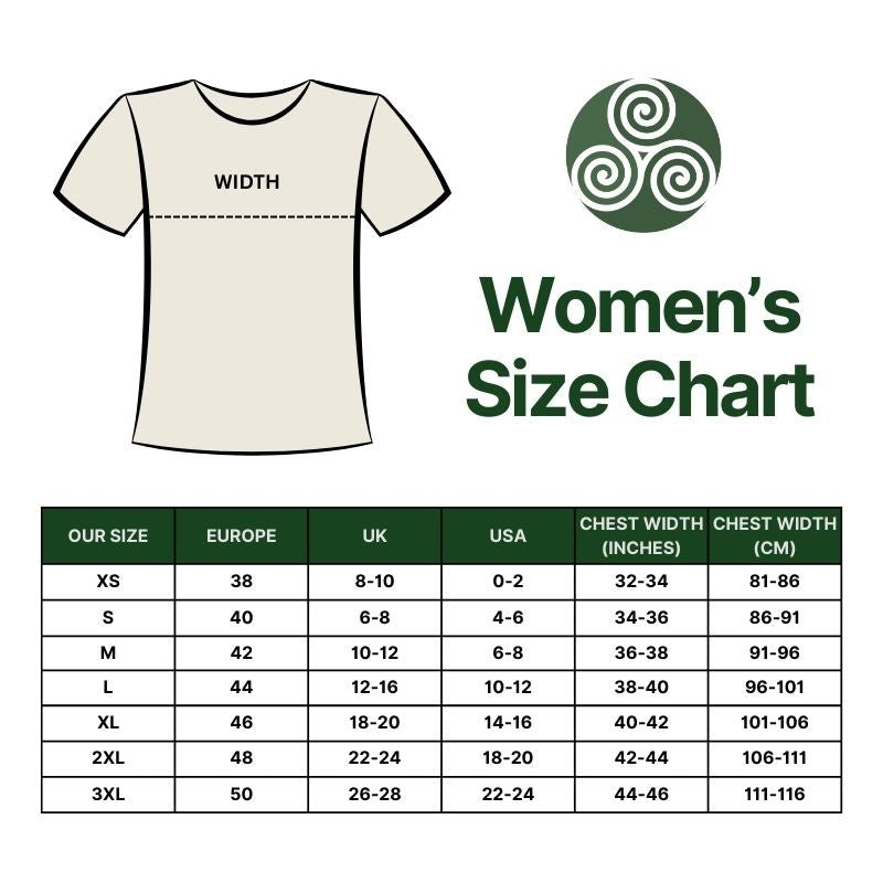 Women's size chart for a t-shirt with measurement guide on a white background