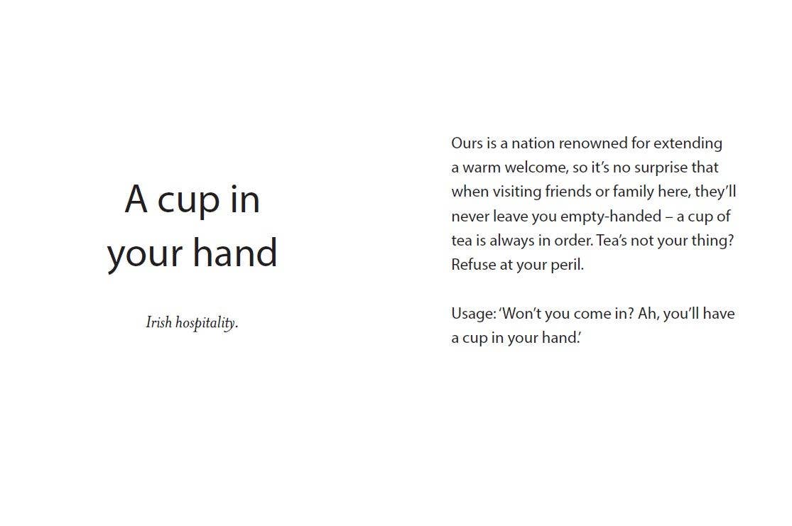 Text on a white background about Irish hospitality and the phrase 'a cup in your hand'.