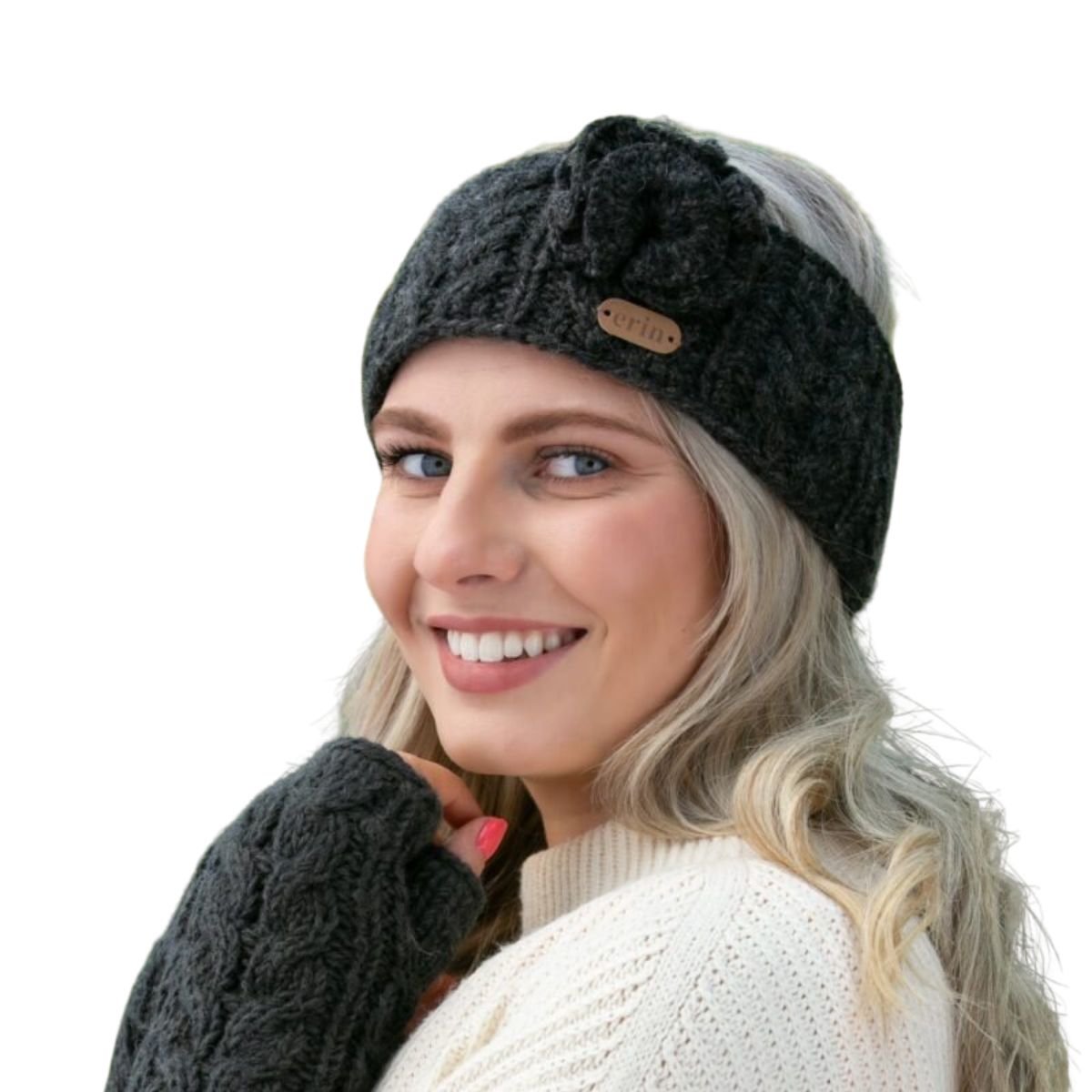 Aran Cable Knitted Wool Headband With Flower - Charcoal