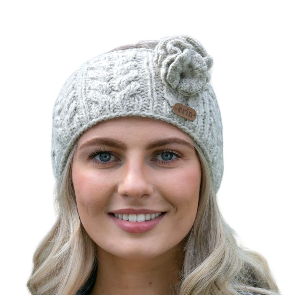 Aran Cable Knitted Wool Headband With Flower - Oatmeal