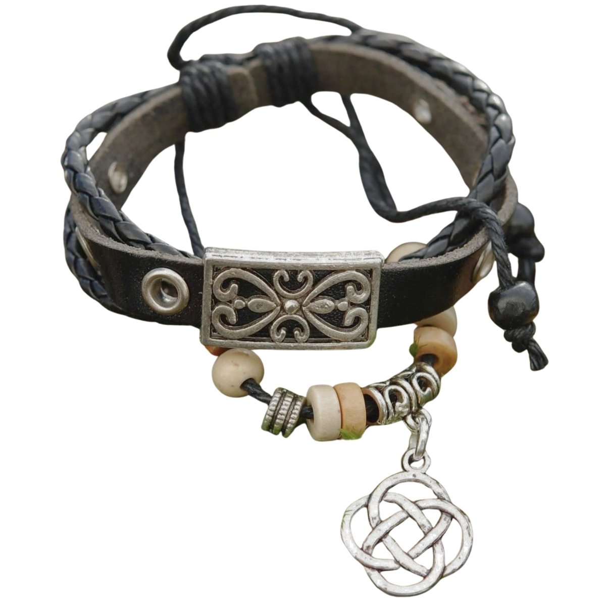 Black Leather Bracelet with Round Celtic Lugh Knot