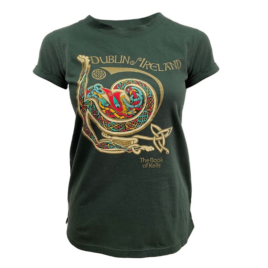 Book of Kells Green Foiled Dublin Ireland Ladies T-Shirt - The Celtic Gift Store - Clothing