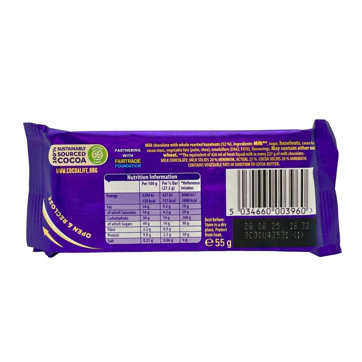 Purple chocolate bar packaging with nutrition information on a white background