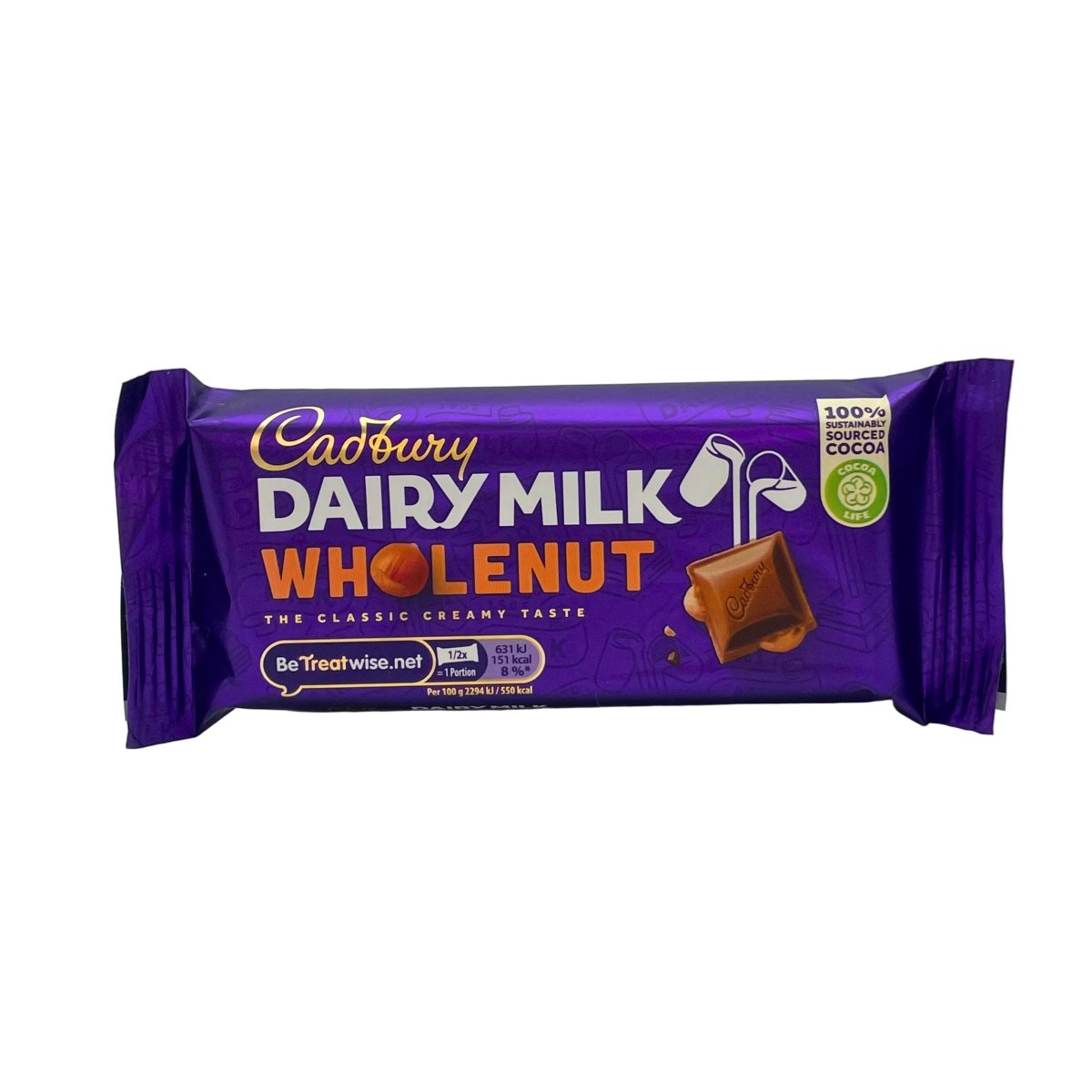 Cadbury Dairy Milk Whole Nut chocolate bar packaging on a white background