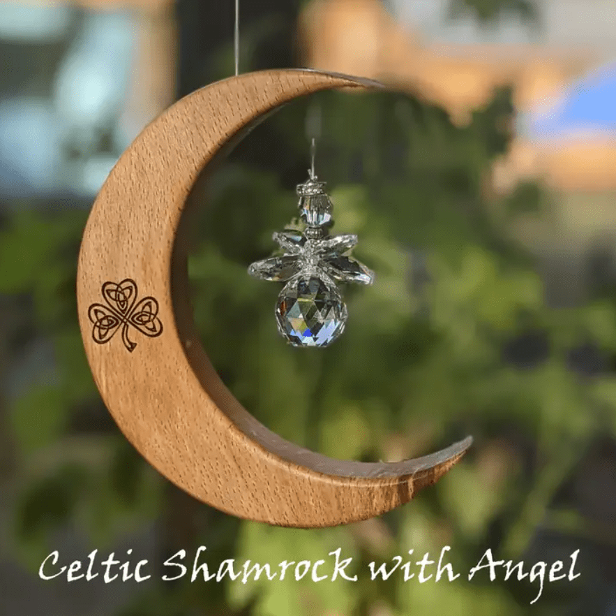 Celtic Moon Suncatcher - Crystal Angel and Shamrock (Medium) - The Celtic Gift Store - Decor