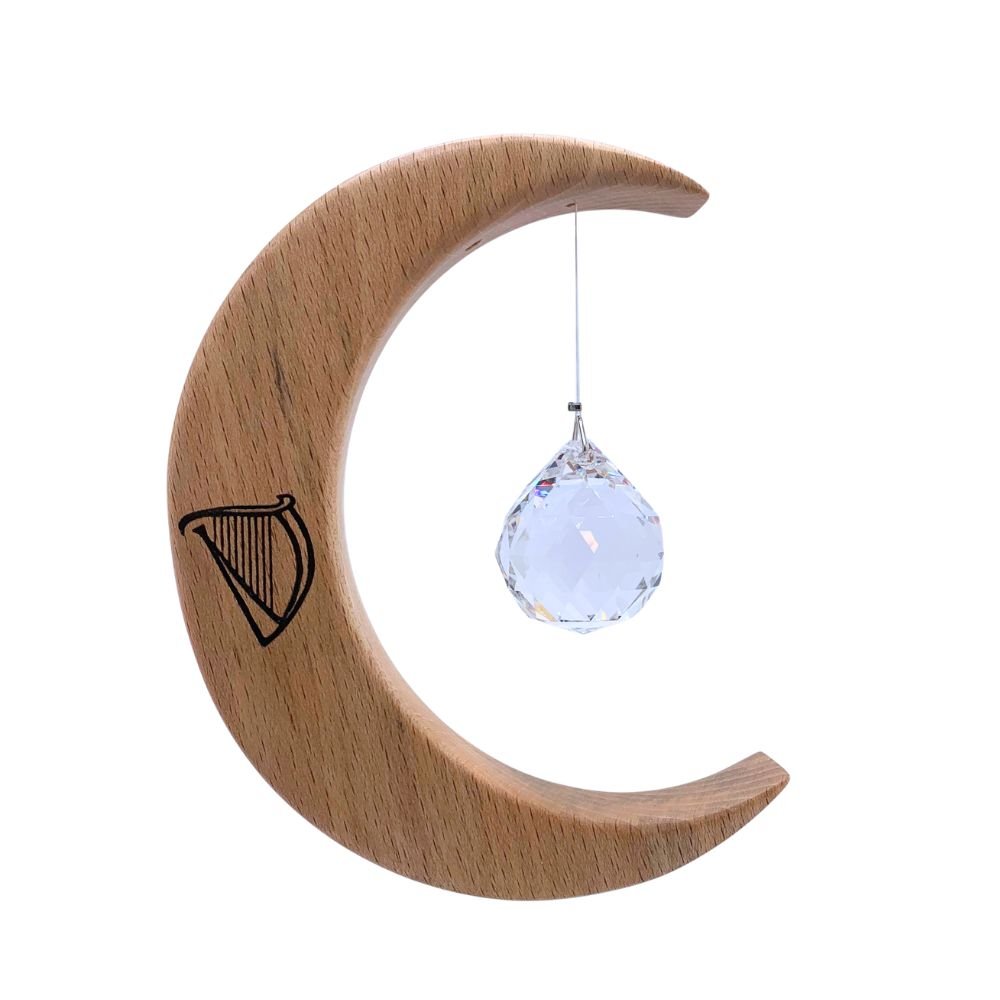 Celtic Moon Suncatcher- Crystal Sphere and Irish Harp (Medium) - The Celtic Gift Store - Decor